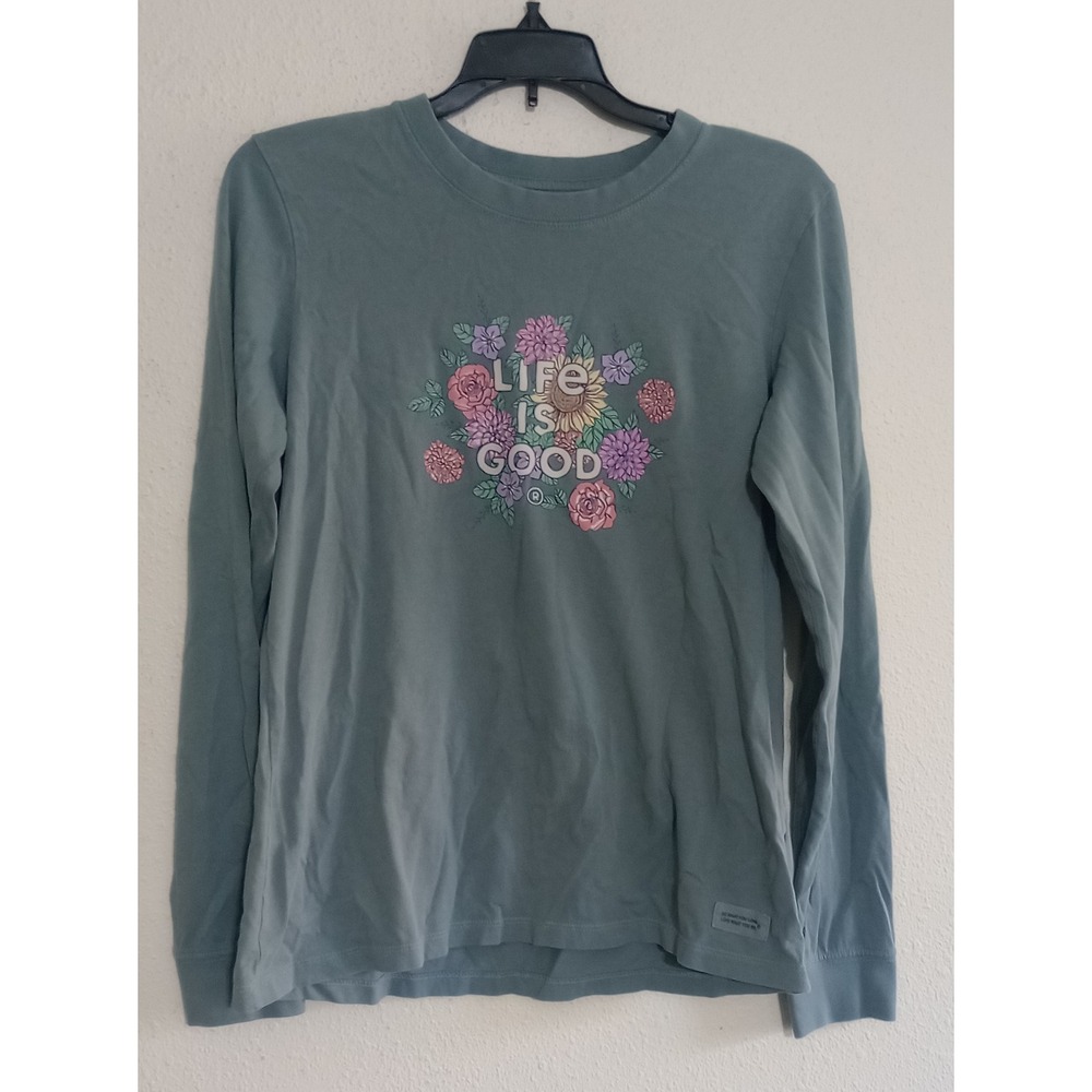 Life is Good Womens Crusher Long Sleeve Floral Graphic T-Shirt Medium Blue Green